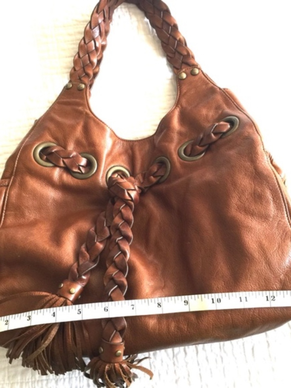 Kooba “Carla” light brown leather shoulder bag w/braiding detail & side pockets - Picture 11 of 12